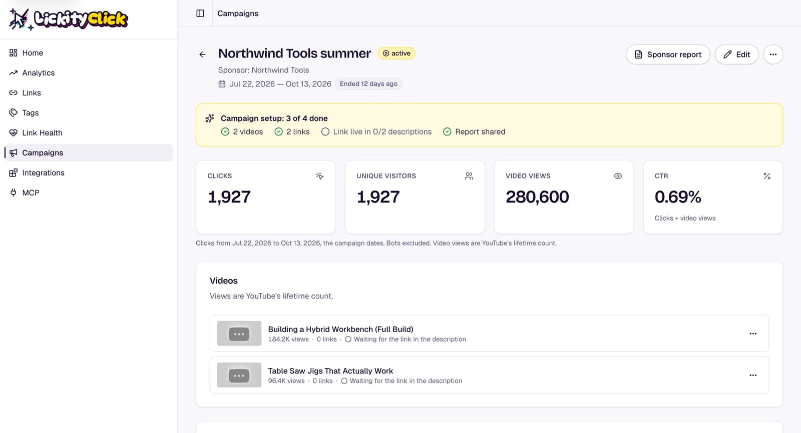 LickityClick campaign page showing clicks, video views, and click-through rate for a sponsor