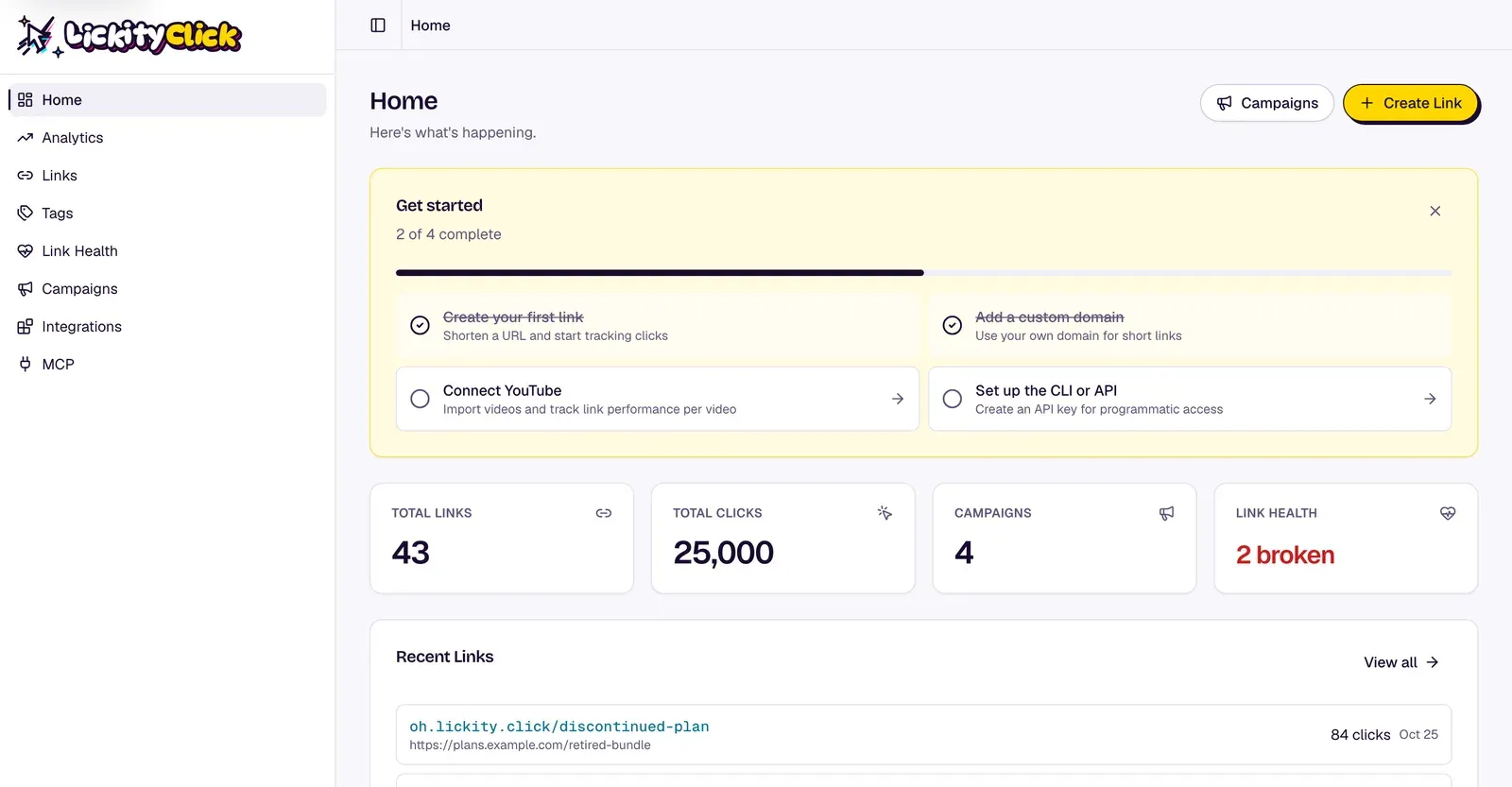 LickityClick home dashboard showing total links, clicks, campaigns and broken links